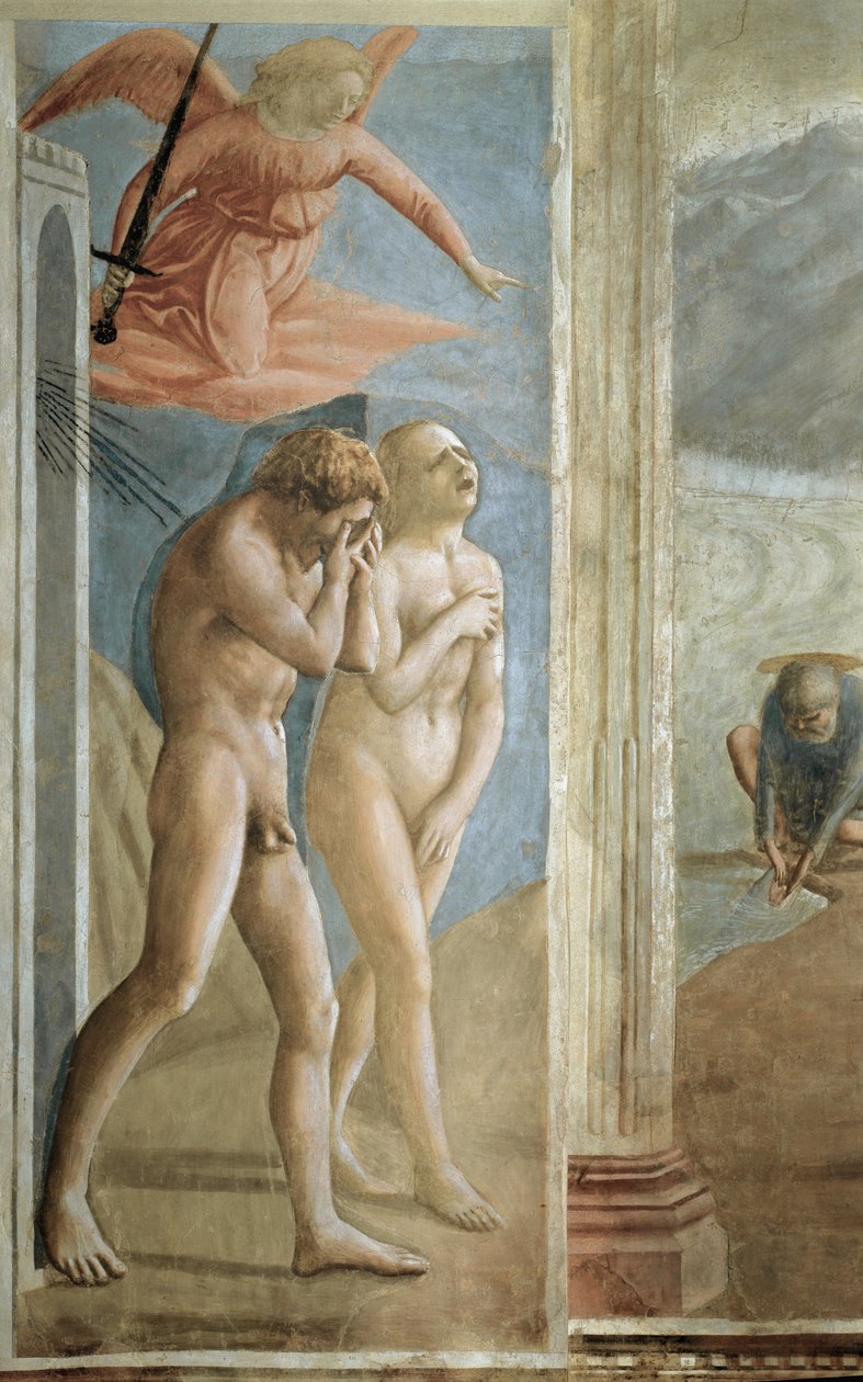 被驱逐出伊甸园 (La Cacciata) - 亚当和夏娃从伊甸园狩猎 - Tommaso di ser Giovanni di Mone Cassai dit Masaccio (1401-1428) 的壁画，208x88 厘米 作者 托马索·马萨乔