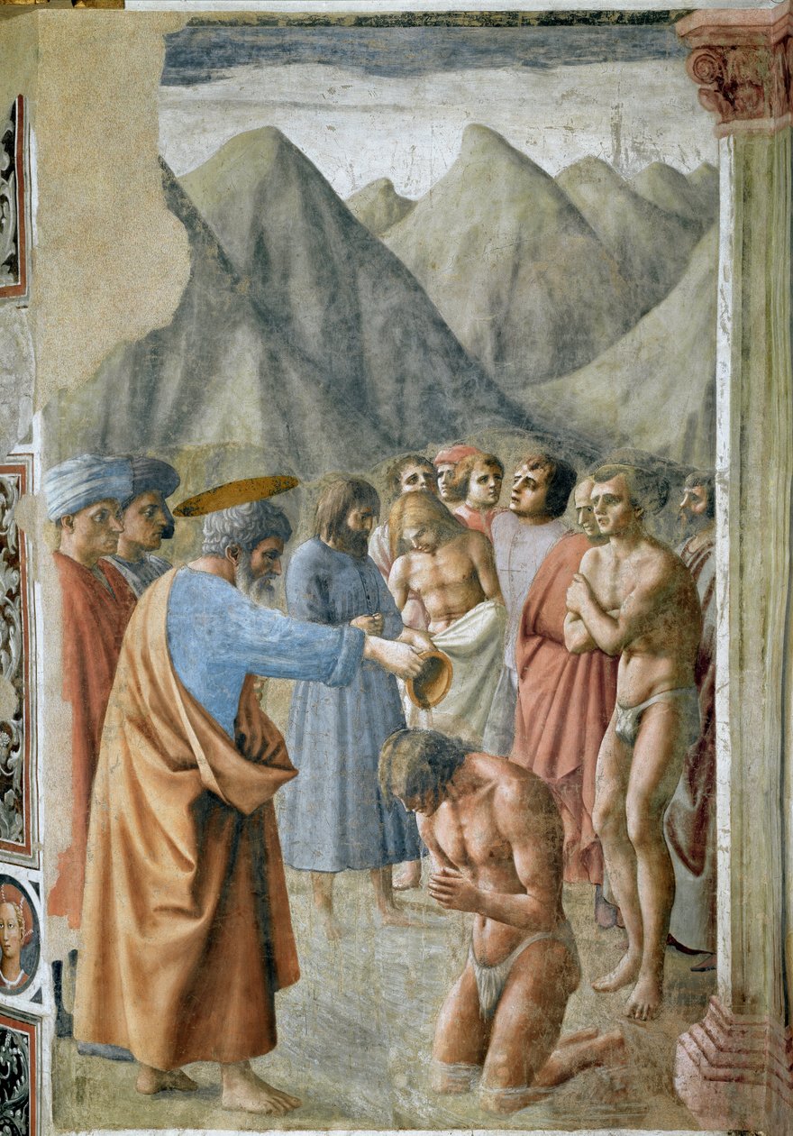 Saint Peter baptizing the Neophytes (St Peter Baptiing the Neophytes) Fresco by Masaccio (Tommaso di ser Giovanni di Mone Cassai) (1401-1428) 1425-1427 Dim 229,9x161.9 cm Florence Chiesa di Santa Maria del Carmine, Cappella Brancacci 作者 托马索·马萨乔