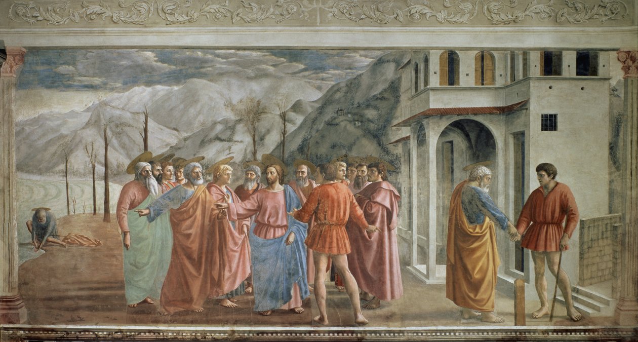 Tribute Money - Le paiment du tribut（贡品） - Tommaso di ser Giovanni di Mone Cassai dit Masaccio (1401-1428) 的壁画，254.5x598.3 厘米 作者 托马索·马萨乔