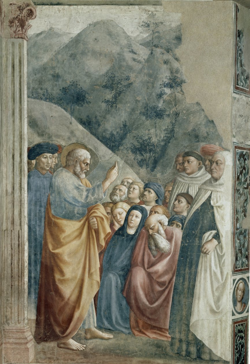 圣彼得的预言 - Tommaso di Cristoforo Fini dit Masolino da Panicale（1383 年至 1440 年左右）的壁画，255x162 厘米，约 1425 年。佛罗伦萨，圣玛丽亚德尔卡迈恩教堂，布兰卡奇教堂 作者 Tommaso Masolino da Panicale