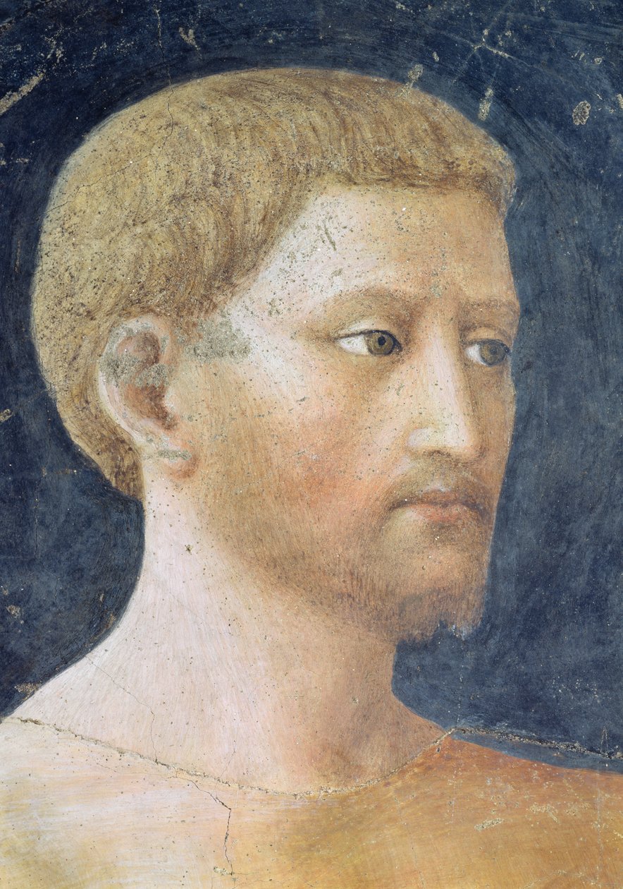 亚当和夏娃的诱惑亚当的头部细节，c.1427壁画 作者 Tommaso Masolino da Panicale