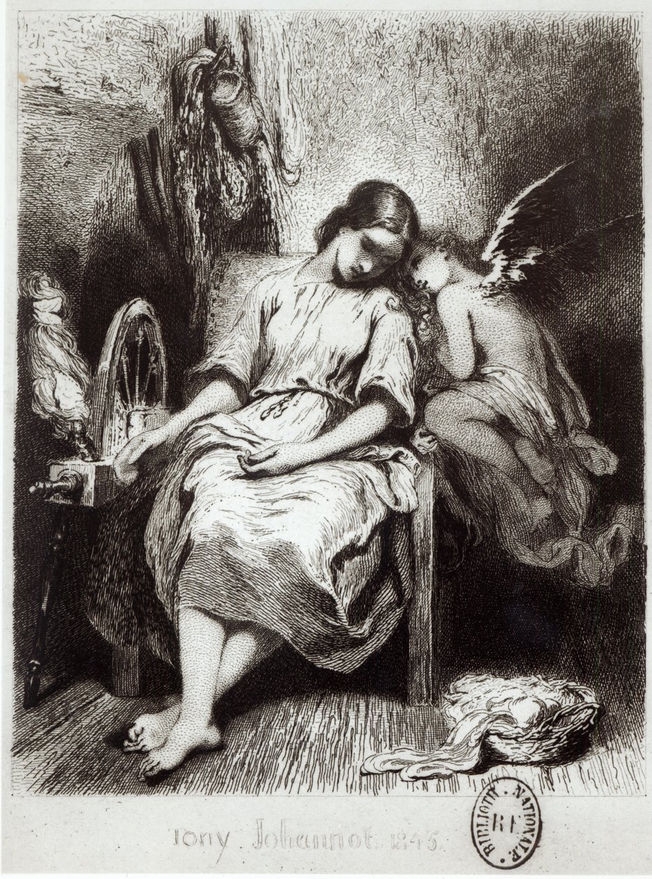 一个年轻女子与天使打瞌睡，来自&39;Contes Choisis&39;的插图由Charles Nodier（1780-1844） 作者 托尼·约翰诺特