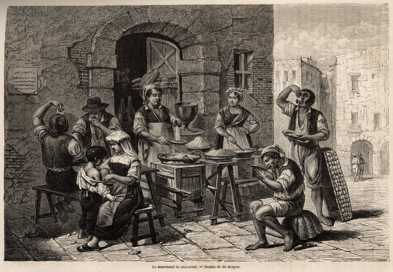 1861 年，贝尔格为那不勒斯和那不勒斯人绘制的通心粉商人（Marc Monnier，1829-1885 年）。 1861 年雕刻的“Le tour du monde”。Selva 的收藏。 作者 托尼·弗朗索瓦·德·伯格