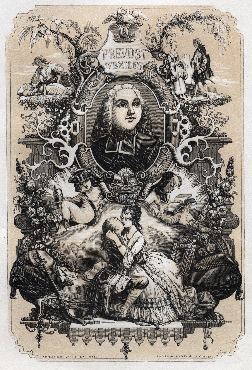 安托万-弗朗索瓦-普雷沃斯特（Antoine Francois Prevost）（1697-1763）的《马农-莱斯考特和德-格里埃的故事》的封面--1839年版，由托尼-约翰诺特（1803-1852）绘制。 作者 托尼·约翰诺特