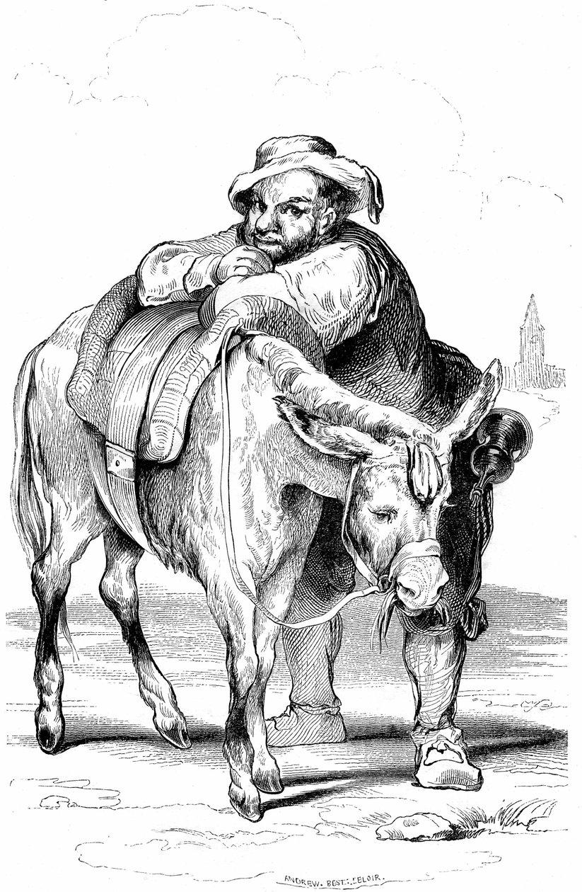 堂吉诃德（Quijote，Quixote）的侍从桑丘-潘沙（Panca）和他的驴子。塞万提斯小说的插图，1845 年由 Dubochet  Cie 在法国出版，Louis Viardot 翻译，ony Johannot 雕刻。 作者 托尼·约翰诺特
