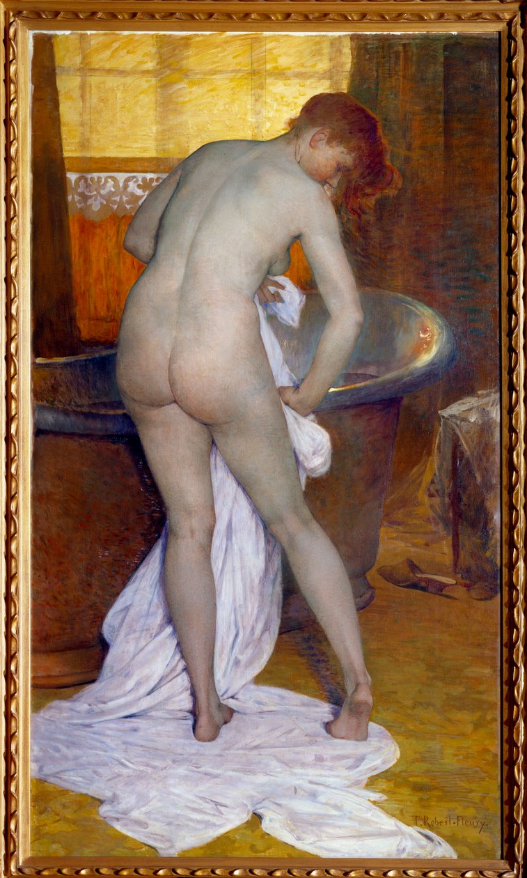 The bath. Scene in a bathroom: A woman out of the bathtub wipes her naked body with a towel. Painting by Tony Robert Fleury (1837-1912) 作者 托尼·罗伯特·弗勒里