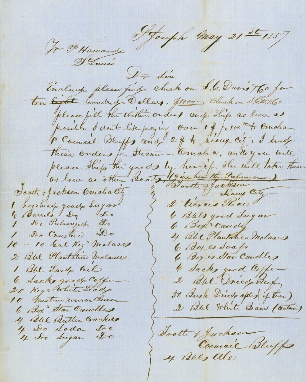 1857年5月21日，签署于Council Bluffs的Tootle & Jackson公司给圣路易斯的W.P. Howard的信。 作者 图特尔和杰克逊