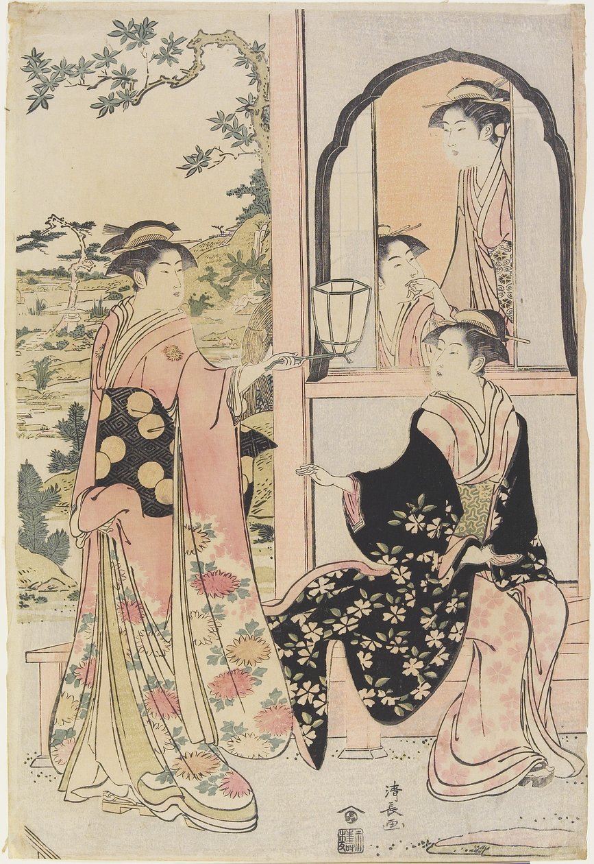 四个女人在Mitate作为Ushiwaka小夜曲Jo_-ruri-hime，1785年 作者 永永鸟居