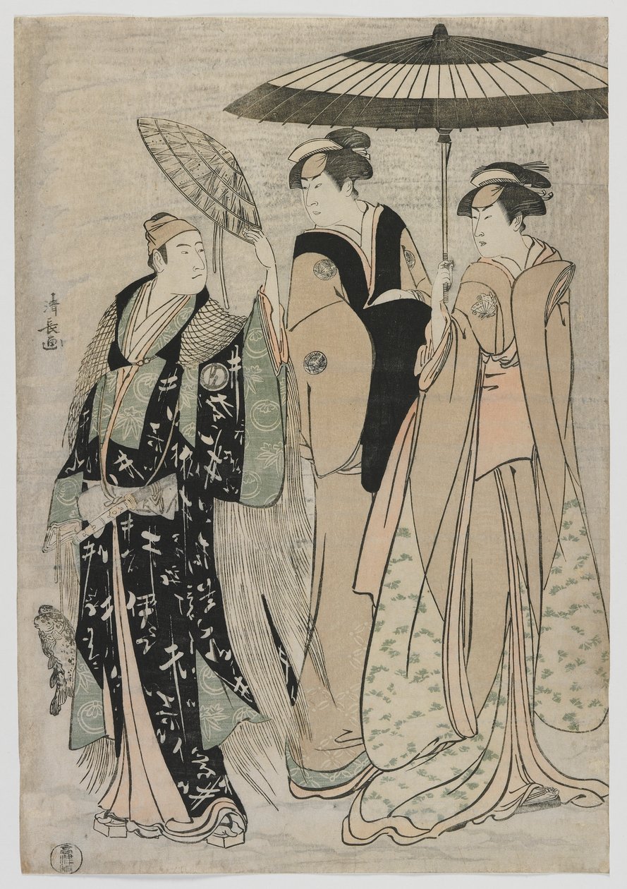 演员Sujuro III为Minamoto no Yoritomo，Nakamura Riko为Kiyotaki，Yamashita Mangiku为Masa，江户时代，1784（彩色木版画） 作者 永永鸟居