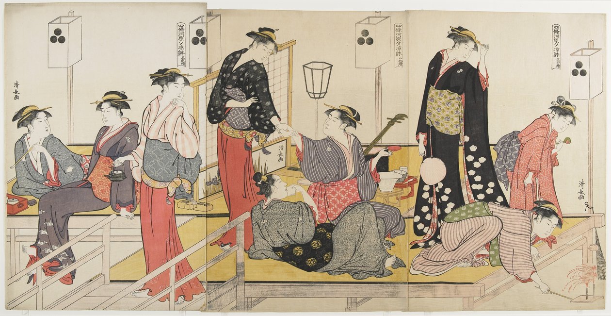 1784年在Shijo_ Riverbank晚上降温的三联画 作者 永永鸟居