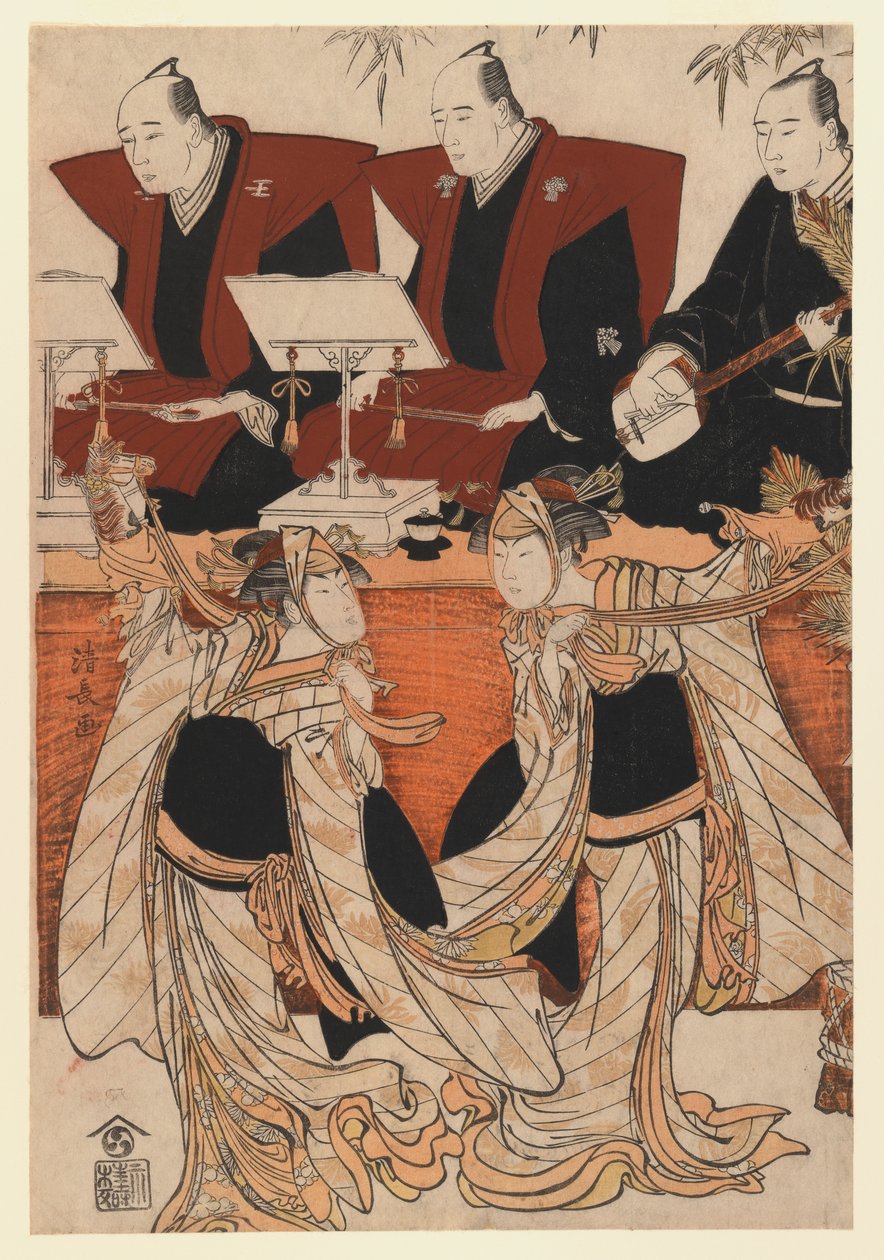 作为Iwai Hanshiro IV和Segawa Kikunojo III在Karukoma舞蹈中的两位演员，伴随着Joruri朗诵，1783年（彩色木版画） 作者 永永鸟居
