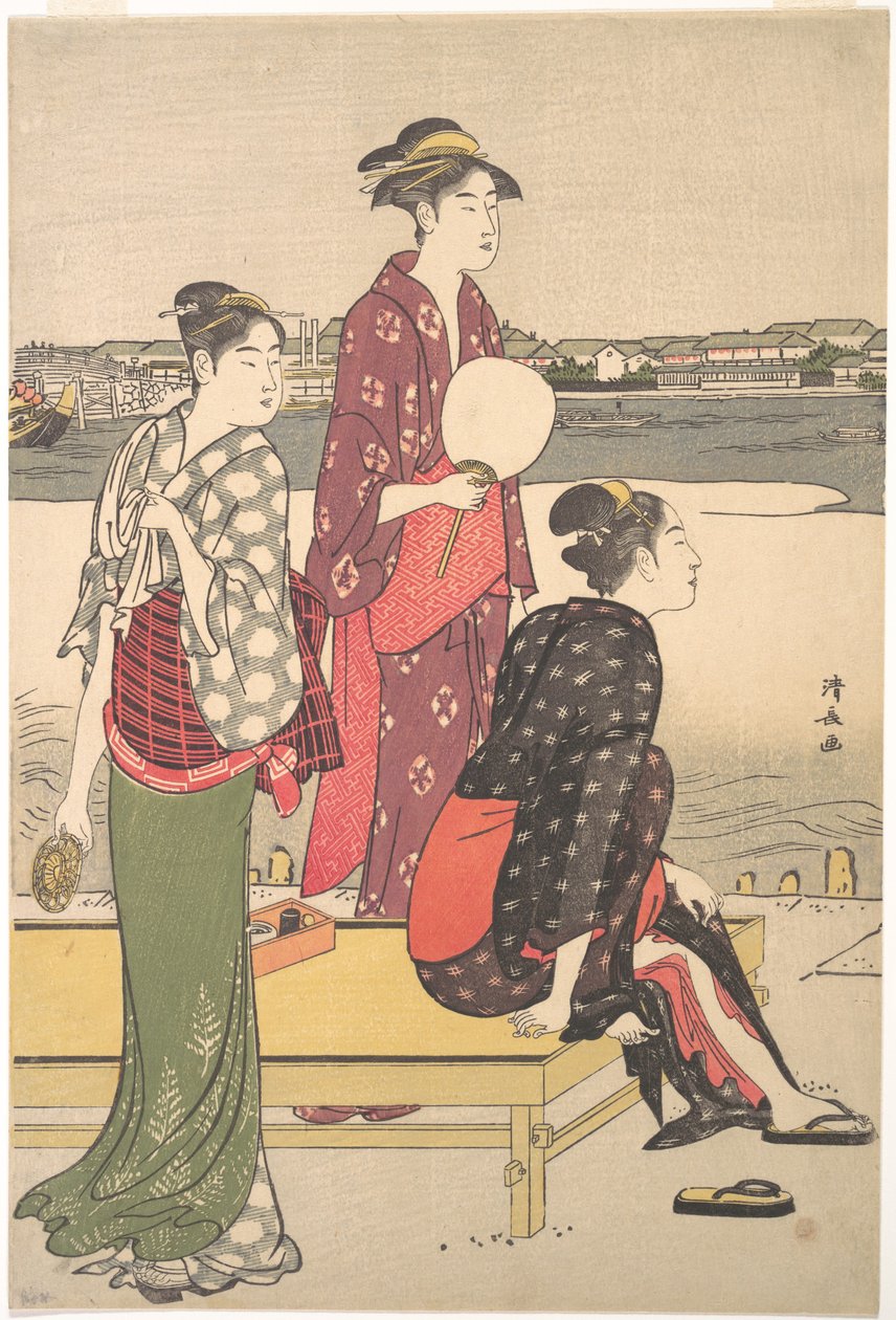 Torii Kiyonaga的三个美女的浮世绘全彩色印刷品 作者 永永鸟居