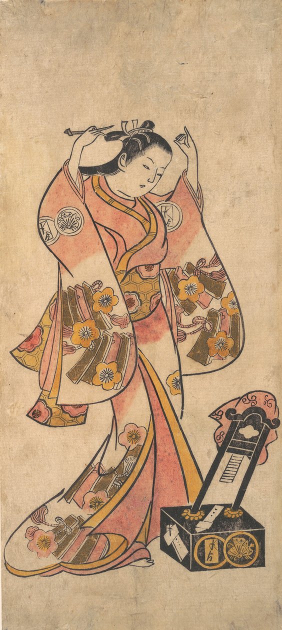 三条康太郎饰演的女人在漆镜前整理头发，1763年以前。 作者 鸟居清升二世