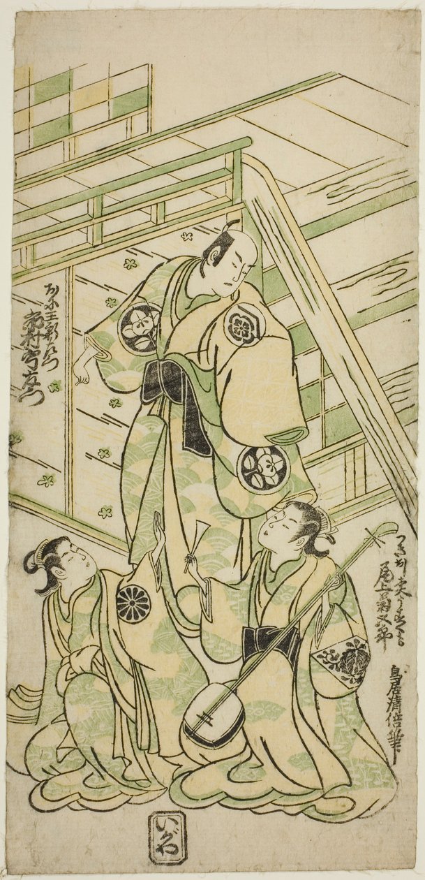 1744 年正月在市村剧场上演的话剧《七草若柳曾我》中饰演鬼雄新左卫门的演员市村右左卫门八世和饰演歌妓宇津云的小野江菊五郎一世 作者 鸟居清二