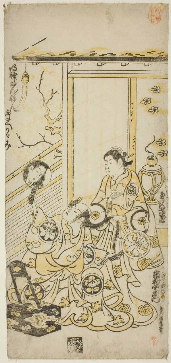 1743 年正月在市村剧场上演的话剧《曾我的曙光之春》中饰演大矶之鸟的演员玉泽西次郎一世和饰演曾我之十郎的演员市村右左卫门八世 作者 鸟居清二
