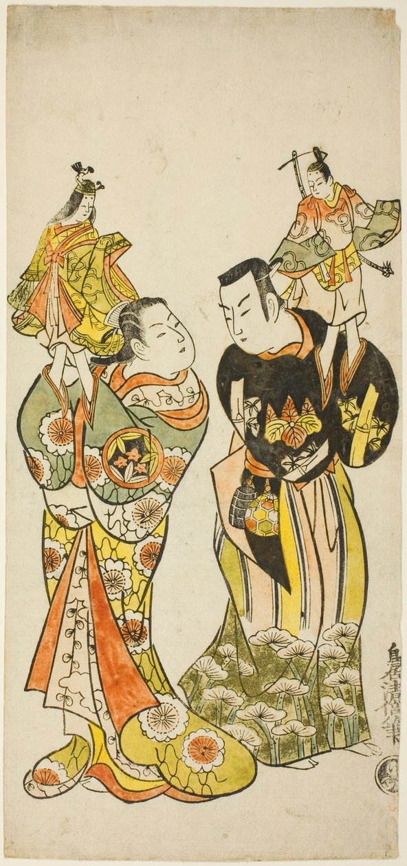 1725 年正月在中村剧场上演的戏剧《伊豆海上旅行日记》（"Funadama Izu Nikki"）中的木偶演员山下金作一世和早川初濑。 作者 鸟居清二