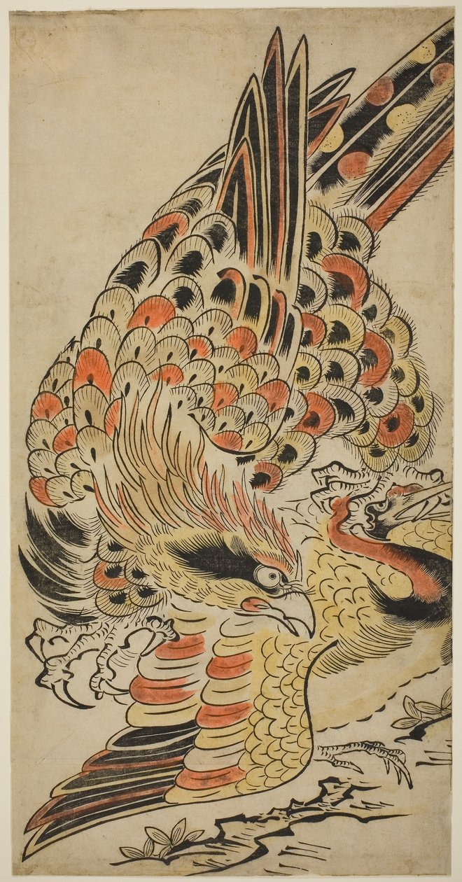 鹰捕捉飞行中的鹤，c.1715（手绘木刻版画） 作者 鸟居清增一号