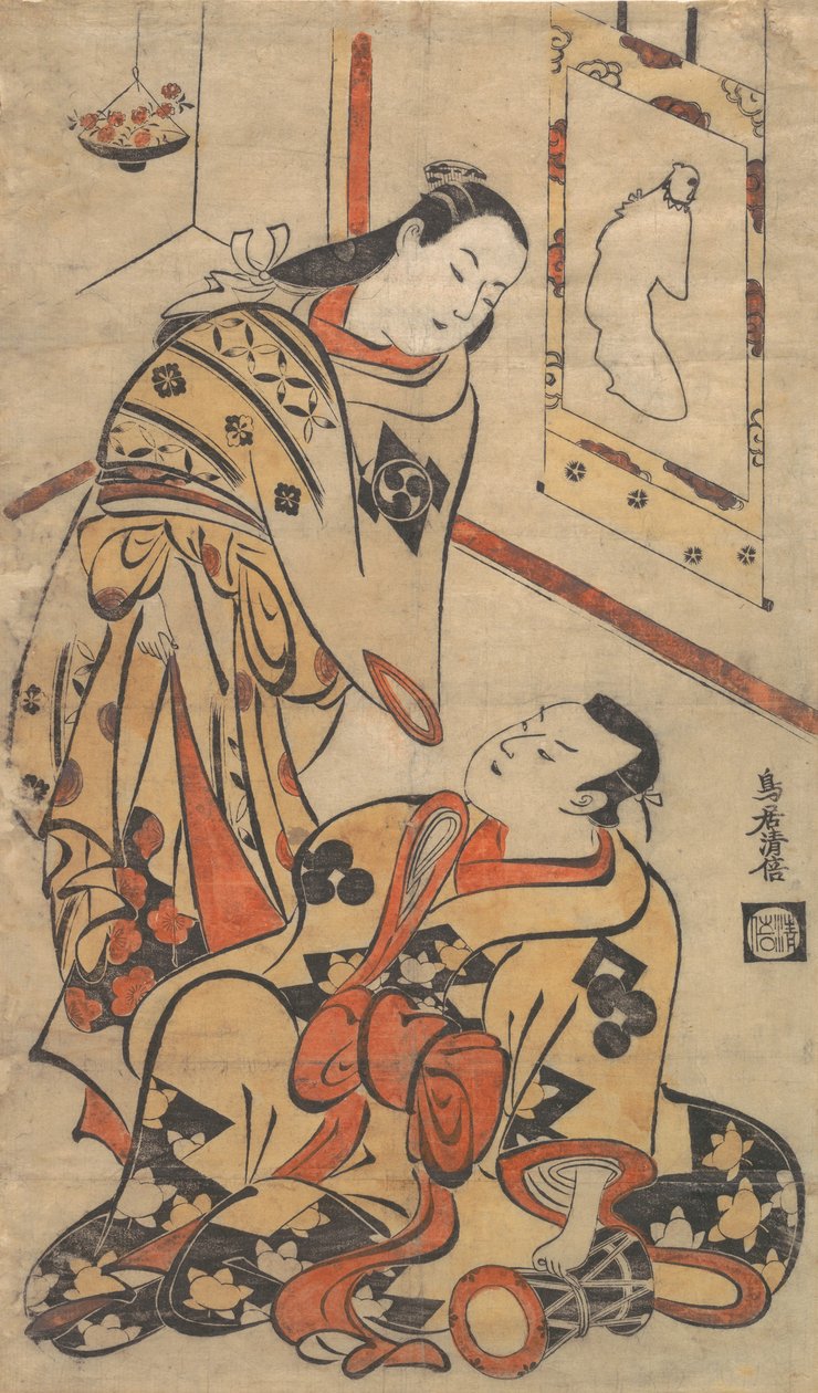 歌舞伎演员Nakamura Gentaro和Ikushima Shingoro, 约1710., 约1710. 作者 鸟居清增一号