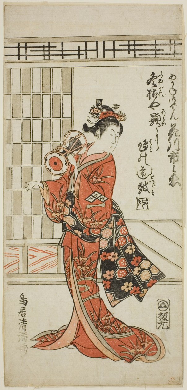 1759 年 11 月在市村剧场演出的话剧《奥之雫布泰》中饰演阿金-御前的演员花川一之条 作者 鸟井清光一号