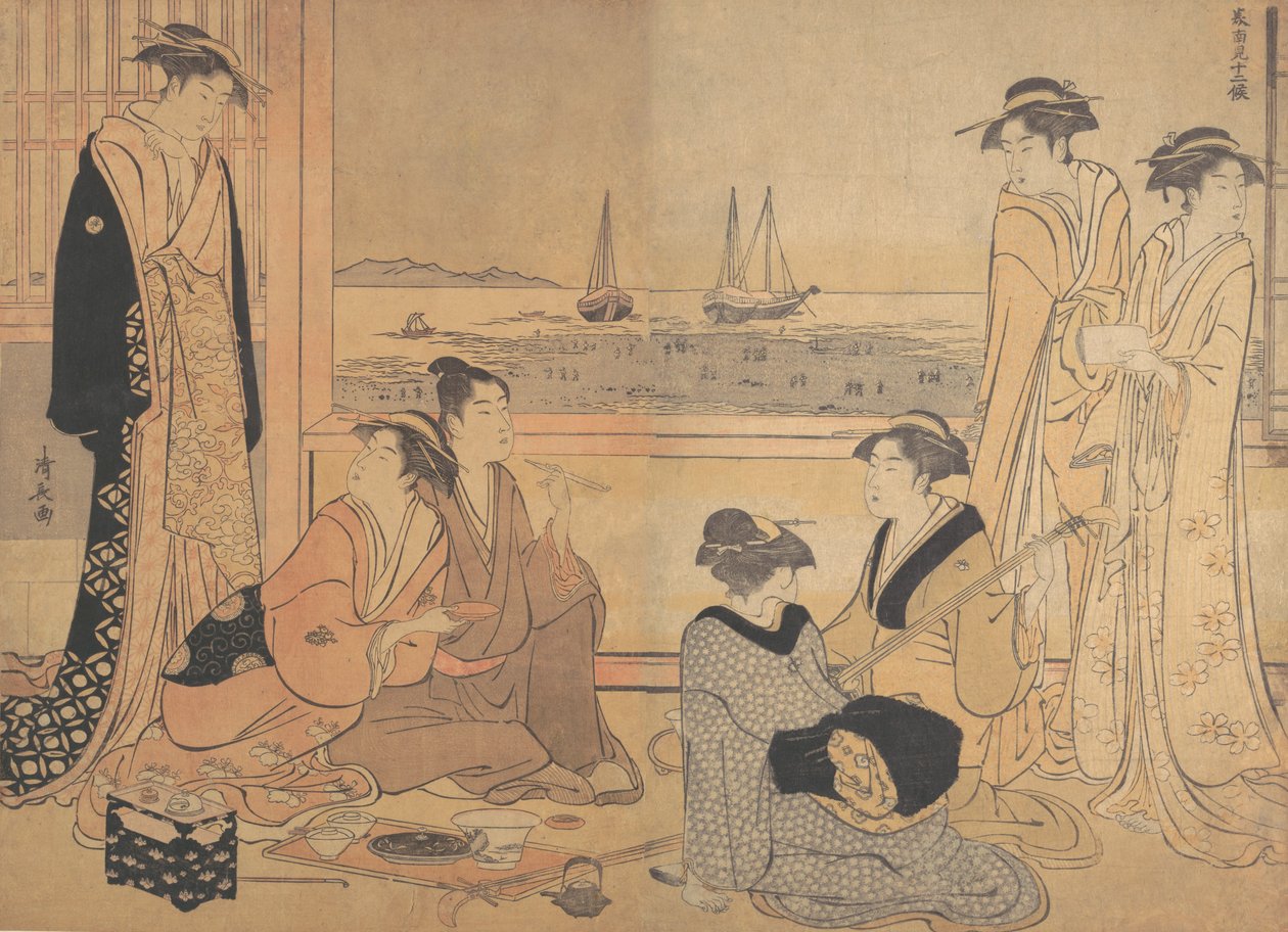 品川的茶馆中的快乐者聚会，约1783年。 作者 永永鸟居