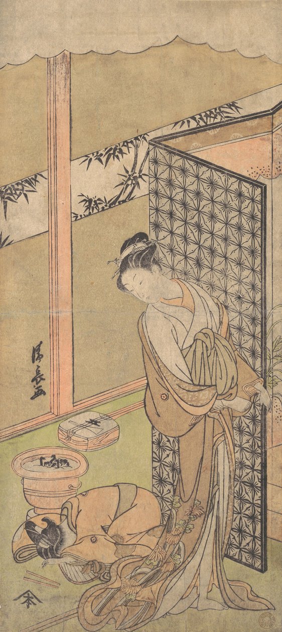穿着夜行服的花魁，停顿了一下，一只手放在环绕她床的屏风上，......，约1770年。 作者 永永鸟居