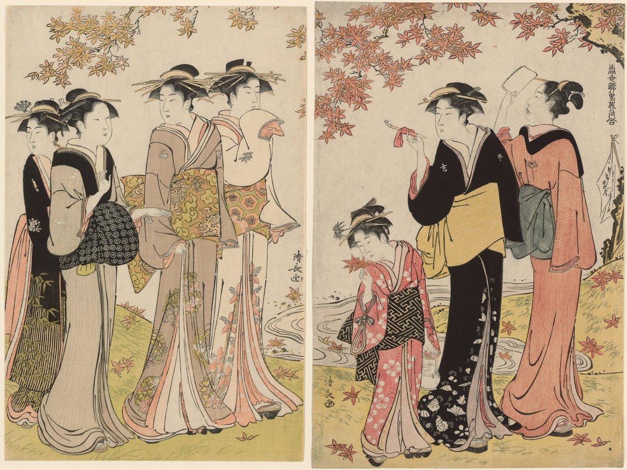 枫树下的美人》，选自 "当代美女悦趣集（Tosei yuri bijin awase）"系列 作者 永永鸟居