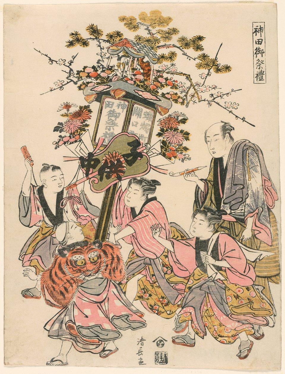 提着灯笼，上面装饰着亭子、五平、花和扇子（关口町蔷薇之扇），选自 "神田神社的祭祀（神田去祭礼）"系列 作者 永永鸟居