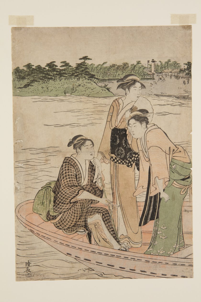 在 Rokug 渡轮？ 河（彩色木版画） 作者 永永鸟居