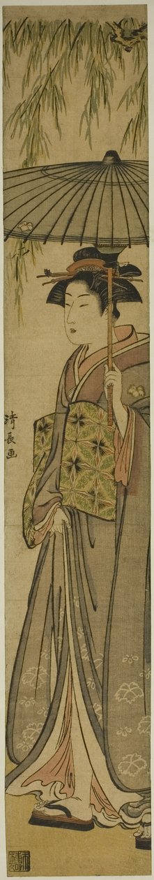 柳树下撑伞的艺伎 作者 永永鸟居