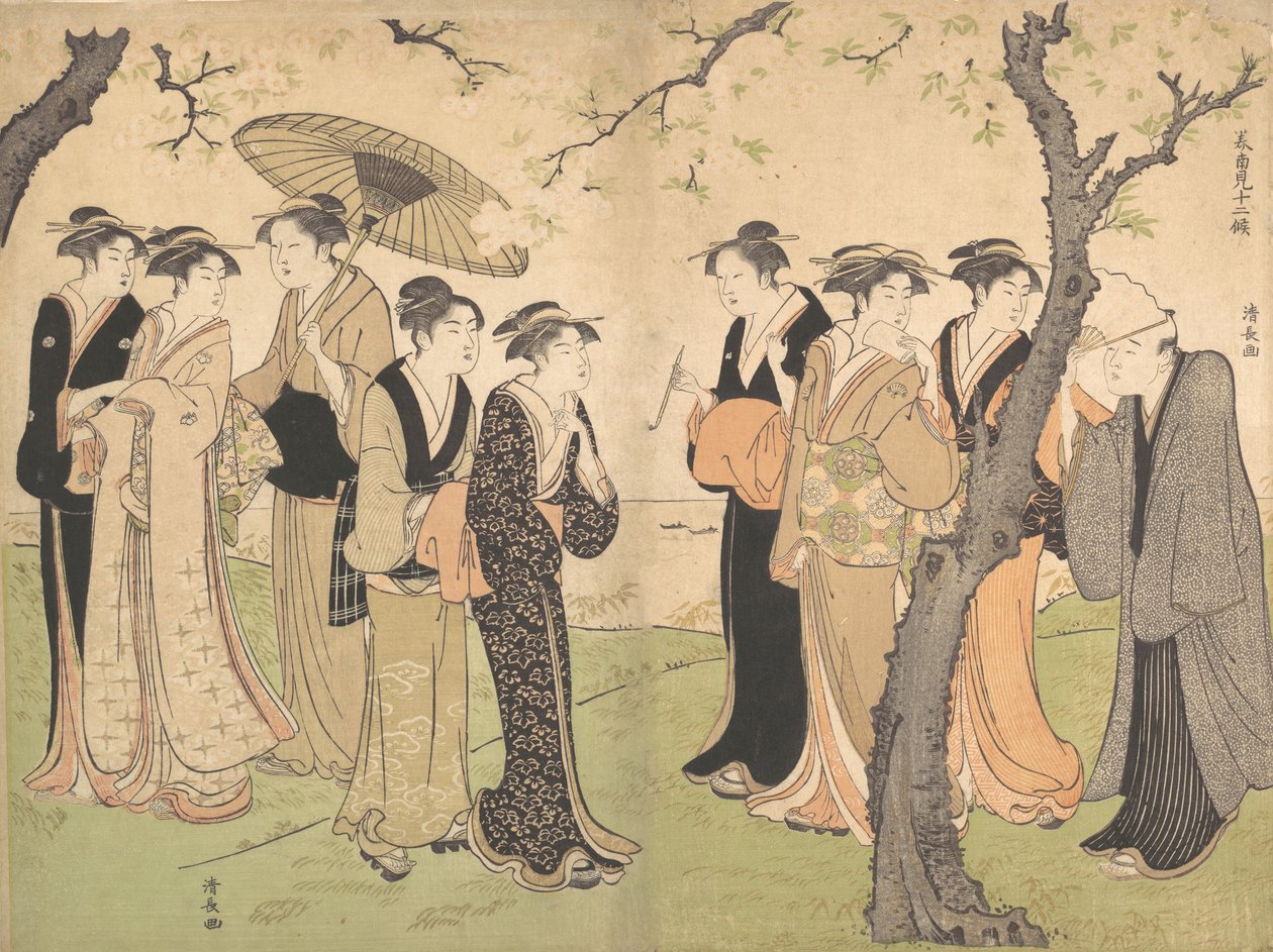 御殿山樱花树下的六位艺伎组，约1785年。 作者 永永鸟居