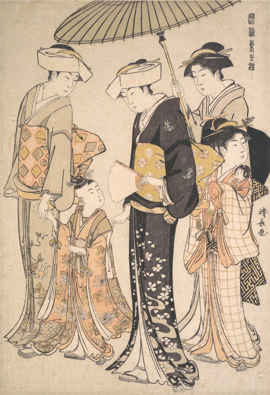 高级武士女孩与四名随从，出自《东方M.的锦缎》系列，约1784年。 作者 永永鸟居