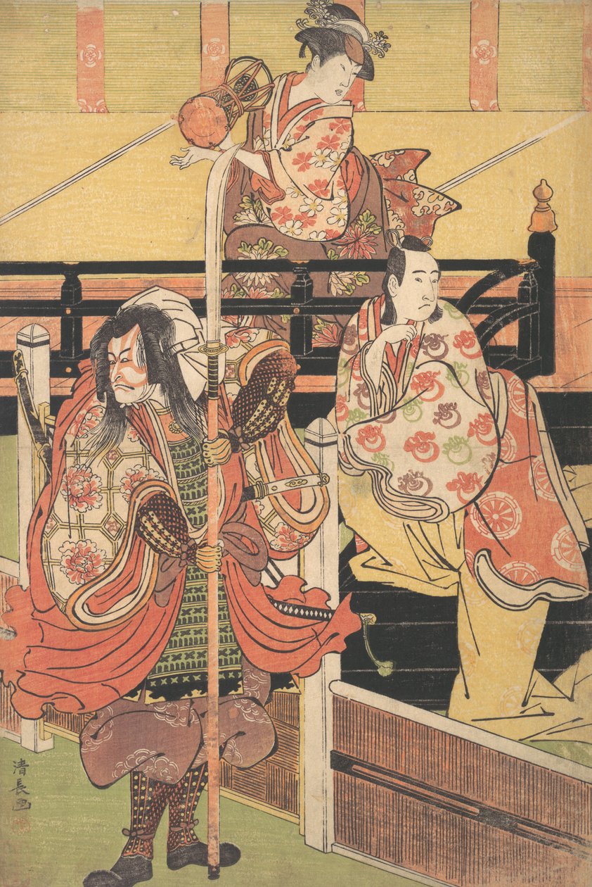 在阳台上，一个女人坐在那里弹奏Tsuzumi，下面是一个穿着大名服装的男人在海...，约1790年。 作者 永永鸟居