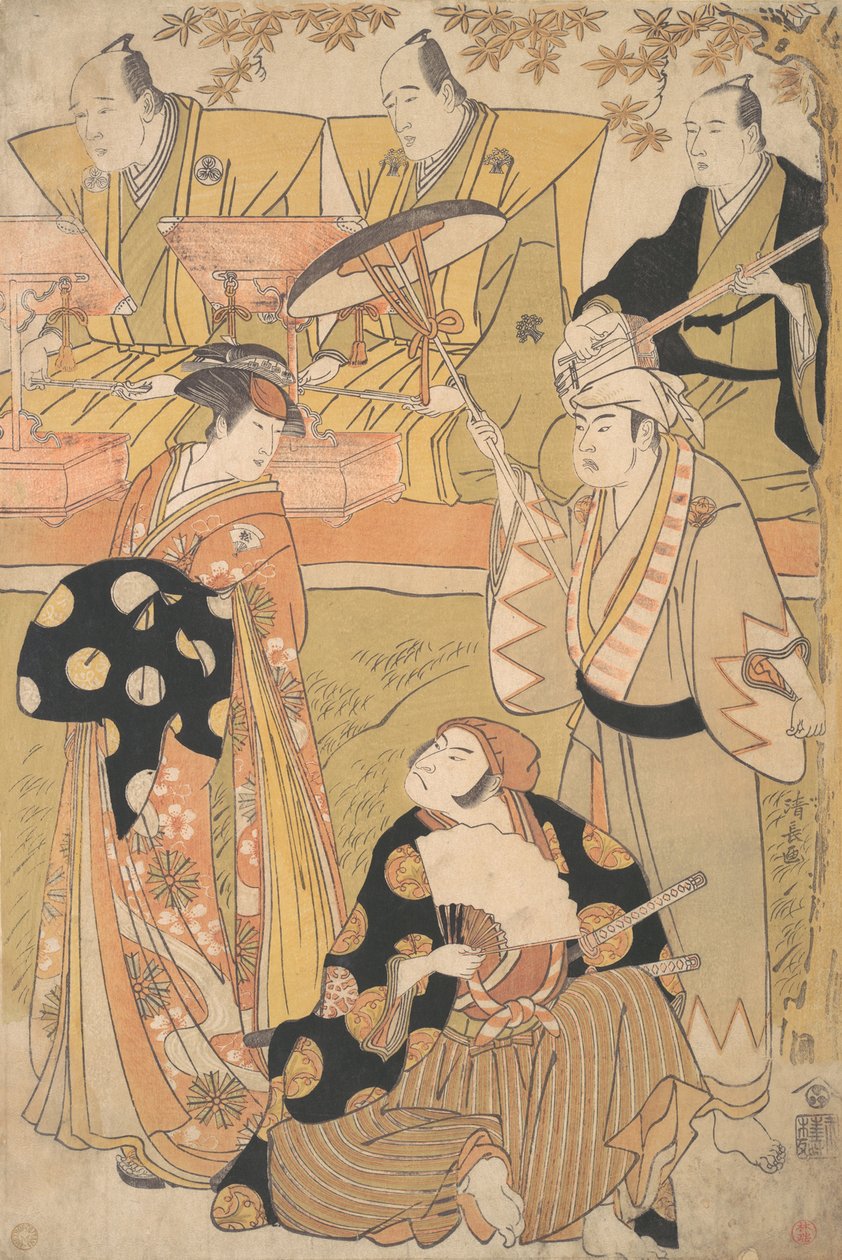 小野松介一世作为花魁站在左边，与中村中藏一世作为Sam...交谈，约1788年。 作者 永永鸟居