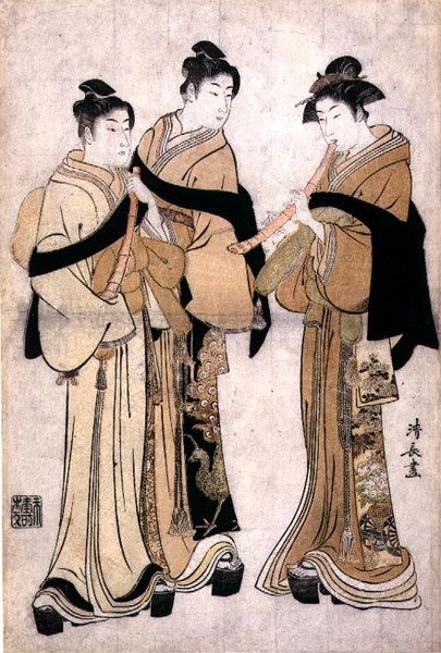 弹奏尺八》，约1782年（木版画，有盲文压印）。 作者 永永鸟居