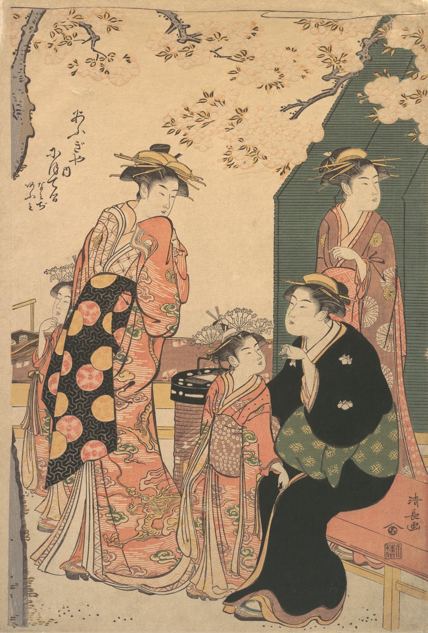 大木屋的歌妓尼奥特鲁和她的两个随从纳米吉和奥...的肖像，约1785年。 作者 永永鸟居