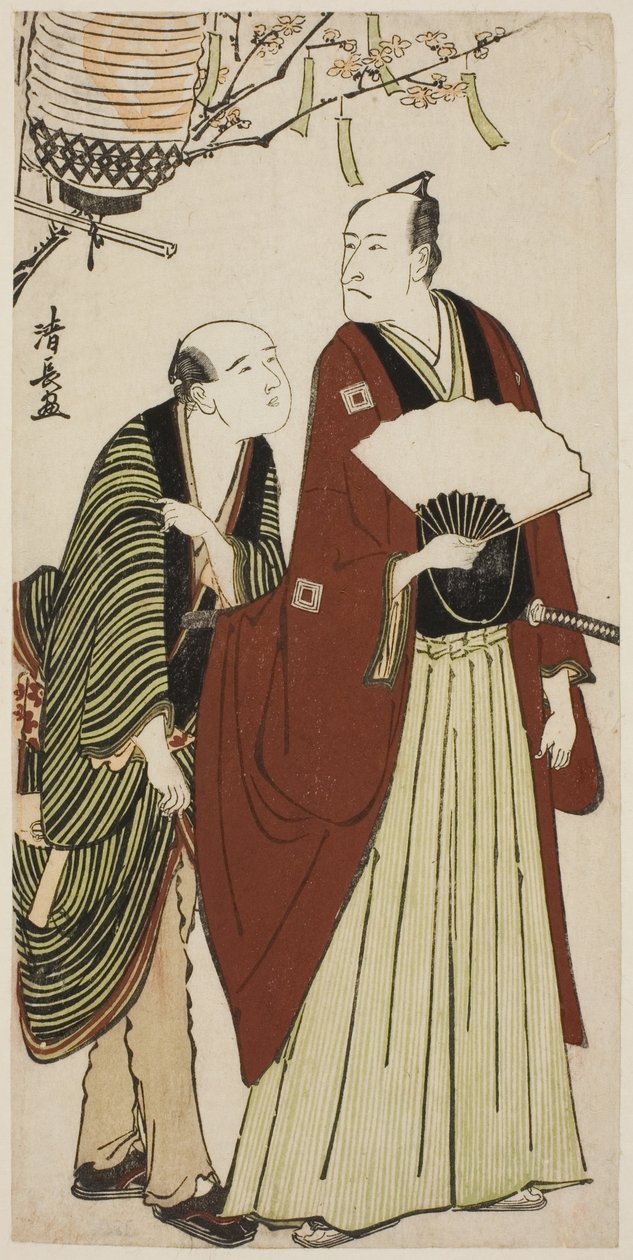 演员市川团十郎五世和他的随从，选自展示演员私生活的无标题版画系列 作者 永永鸟居