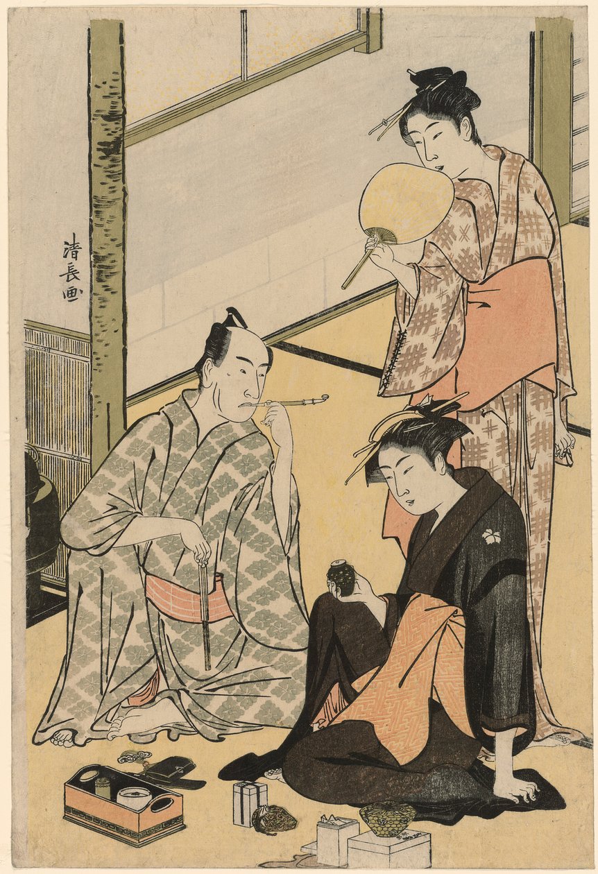 演员松本小四郎和他的家人，选自展示演员私生活的无标题系列版画，共四幅 作者 永永鸟居