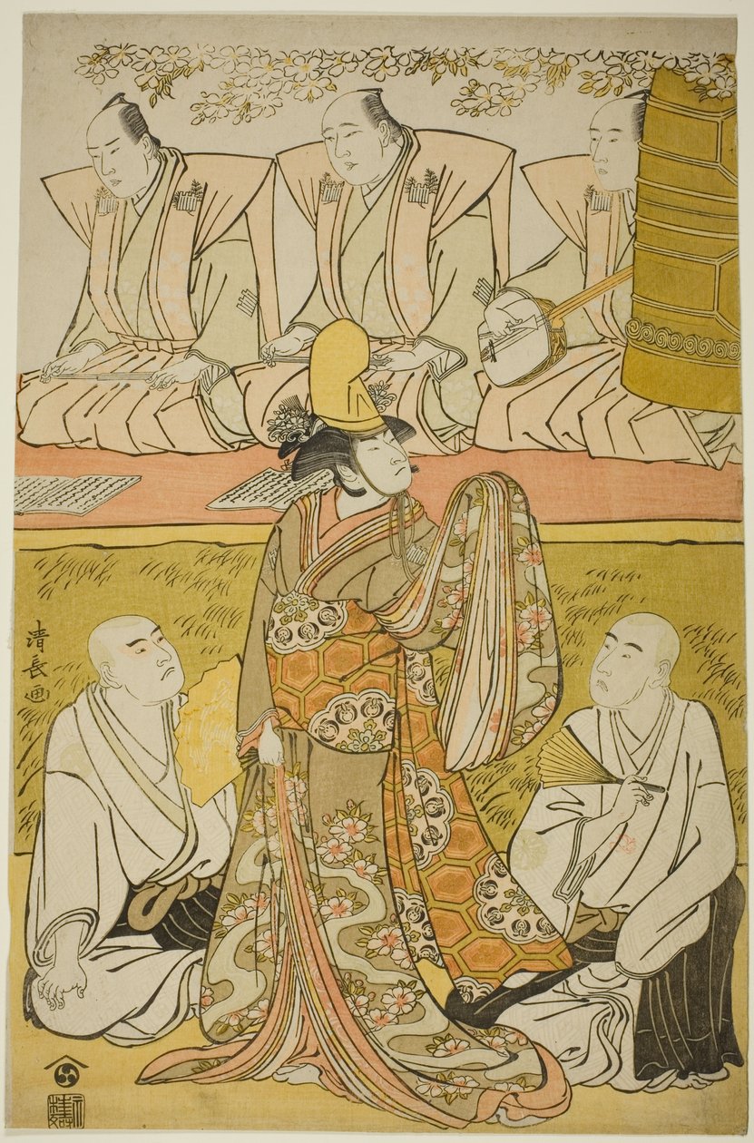 1783 年 8 月在市村剧场上演的话剧《江户金子武尊道场寺》中饰演白鸟吉胜的演员中村中藏一世、饰演僧侣梅月坊的演员松本小四郎四世以及饰演僧侣伊泽洋坊的演员大谷弘治三世。 作者 永永鸟居