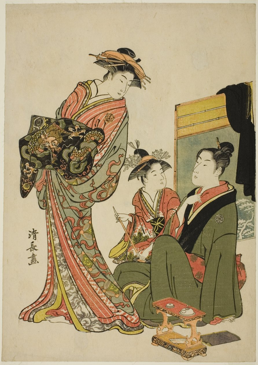 演员中村理子与歌妓，选自描绘演员私生活的无标题艾班版画系列 作者 永永鸟居