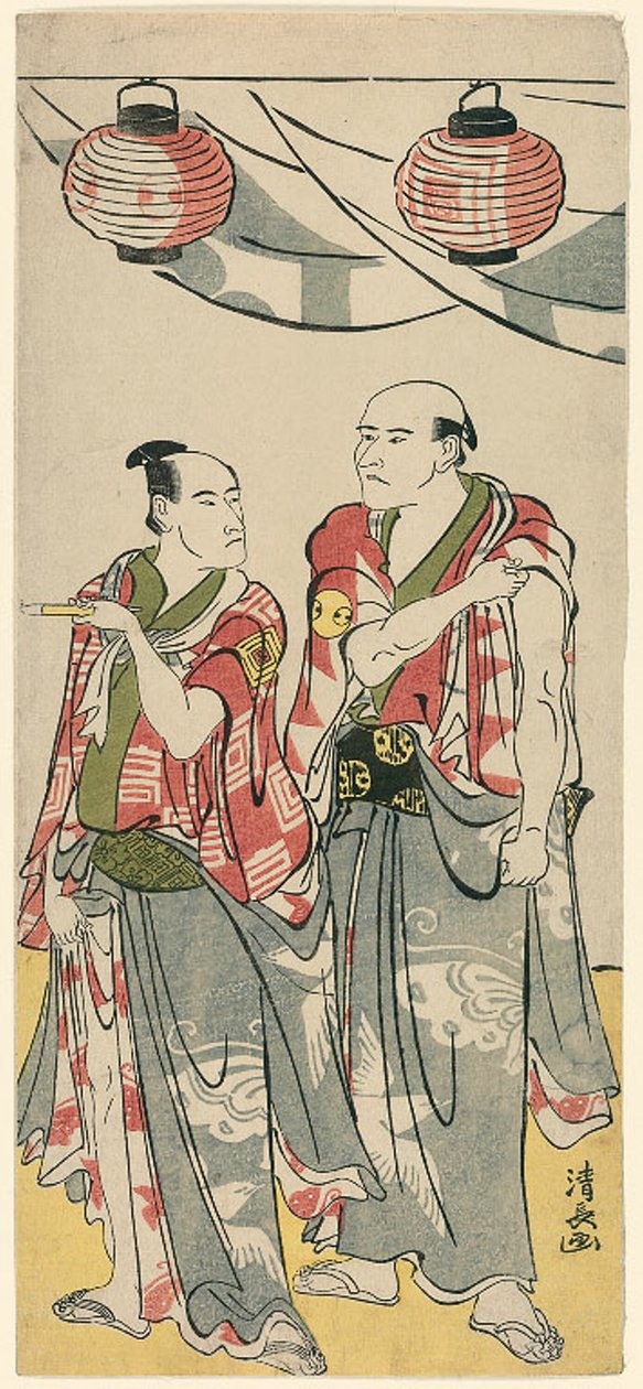 演员岚龙藏二世和市川驹藏三世，选自庆祝曾我兄弟神社祭祀的 11 位演员的五联画 作者 永永鸟居