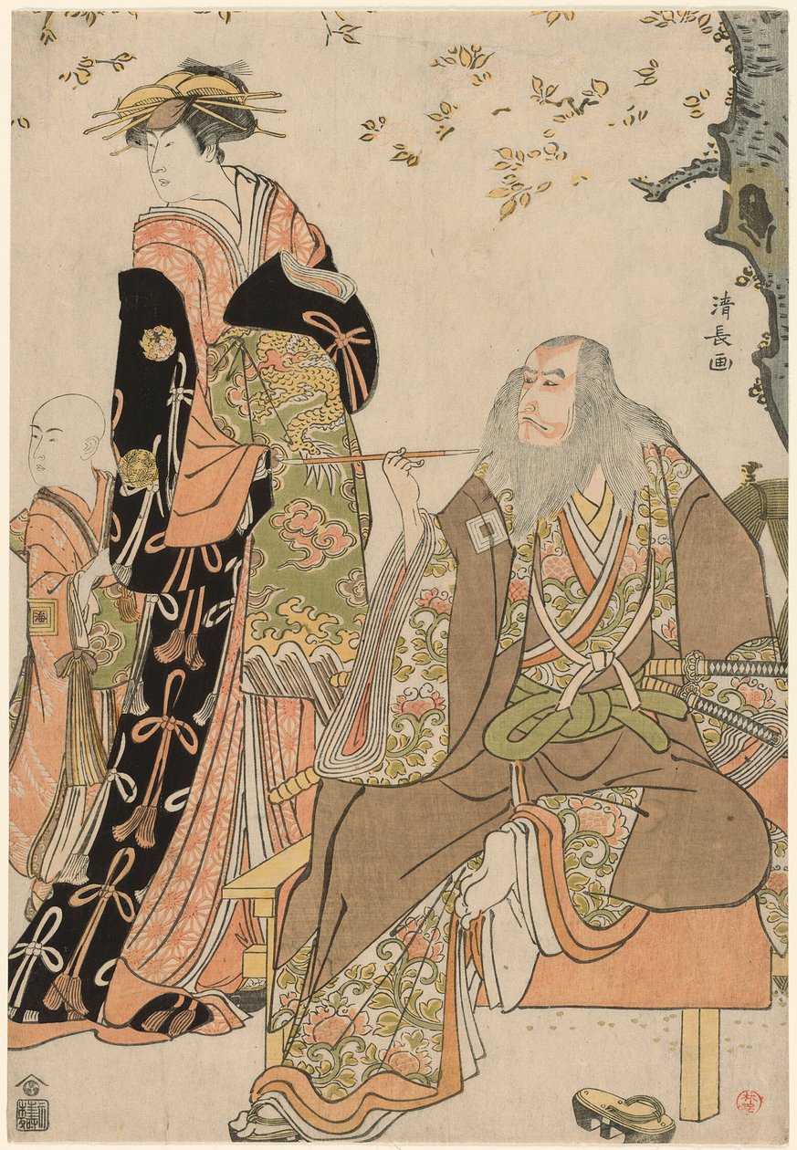 1784 年 3 月，在中村剧场上演的话剧 "淑德雪里的江户樱 "中，饰演樋口伊久的演员市川团十郎五世、饰演上卷的中村理子以及饰演上卷随从的市川惠比藏。 作者 永永鸟居