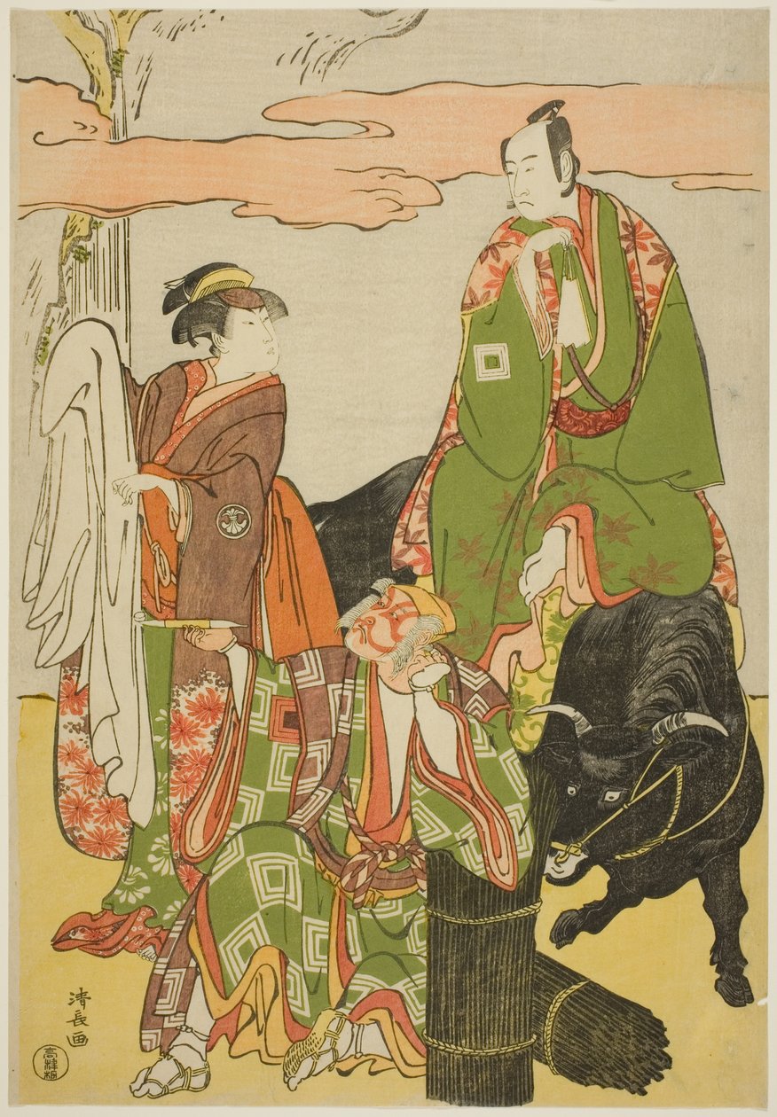 1785 年 11 月在桐剧场上演的净琉璃 "四天王大江之山 "中饰演宫之助的市川门之助二世、饰演初音姬的濑川菊之条三世和饰演宁次斋兵卫的市川团十郎五世 作者 永永鸟居