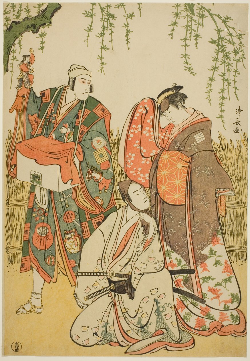 1785 年正月在中村剧场上演的净琉璃 "忍法柳之桂大轿 "中饰演白菊的市川耀造三世、饰演木偶师出九兵卫的市川团十郎五世以及饰演曾我之十郎的泽村宗十郎三世。 作者 永永鸟居