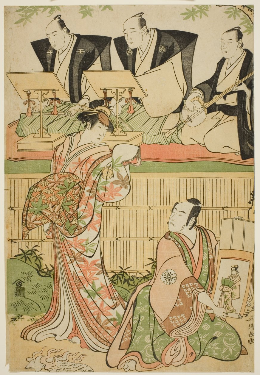 1788 年在中村剧场上演的话剧《菅田之初》中饰演鹈田酒子的松本小四郎和饰演歌妓高尾鬼魂的泽村宗十郎三世。 作者 永永鸟居