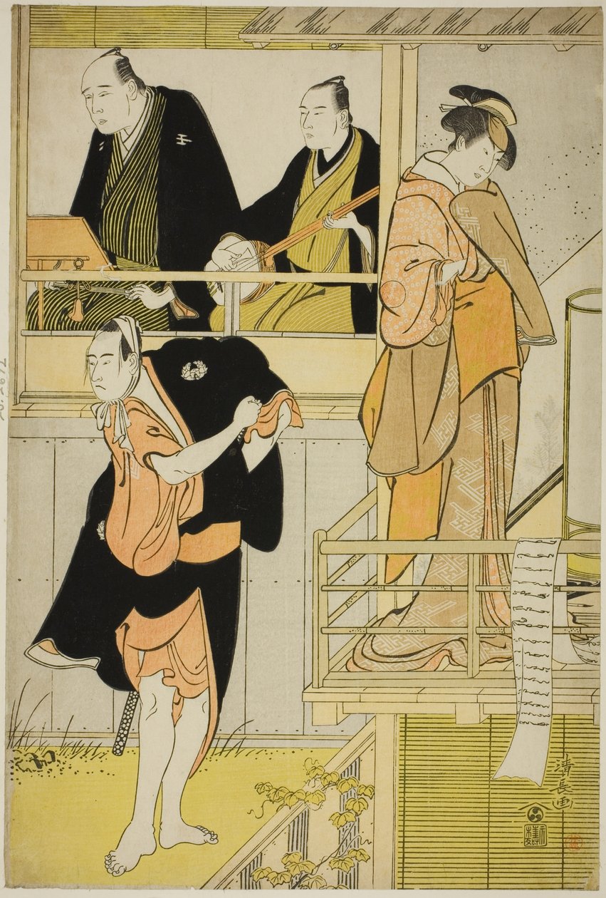1785 年 3 月在中村剧场演出的净琉璃《坂町谣之四辻》中饰演丹羽大妻的演员中村理子一世和饰演古屋八兵卫的市川耀三世 作者 永永鸟居