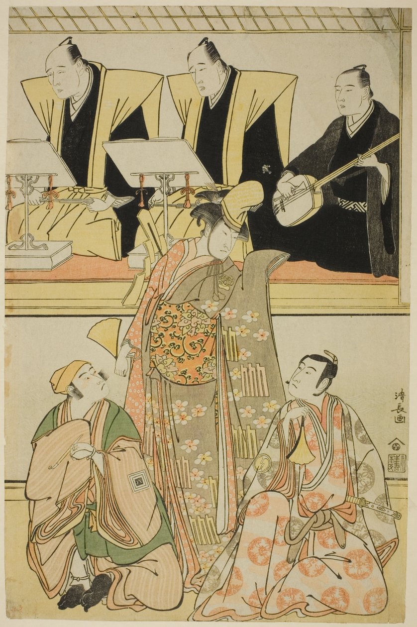 中山小十郎六世（中村中藏一世）饰演千鸟，泽村宗十郎三世饰演重盛，市川耀三世饰演吉兵卫。 作者 永永鸟居