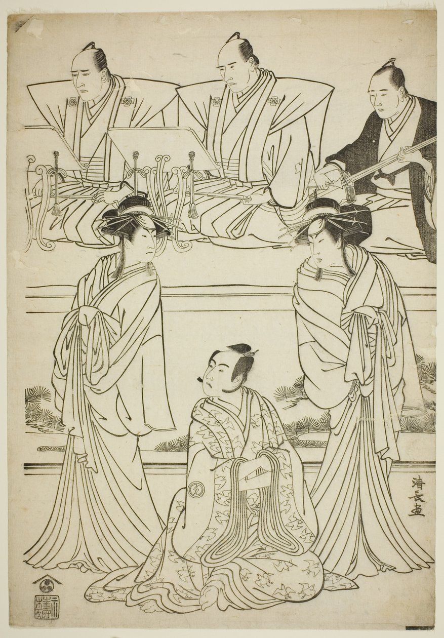 1783 年正月在仲村剧场演出的话剧《松之绪影松之樱》中饰演八桥鬼魂的濑川菊之条三世、饰演曾我之十郎的泽村宗十郎三世和饰演清源鬼魂的市川团十郎五世。 作者 永永鸟居