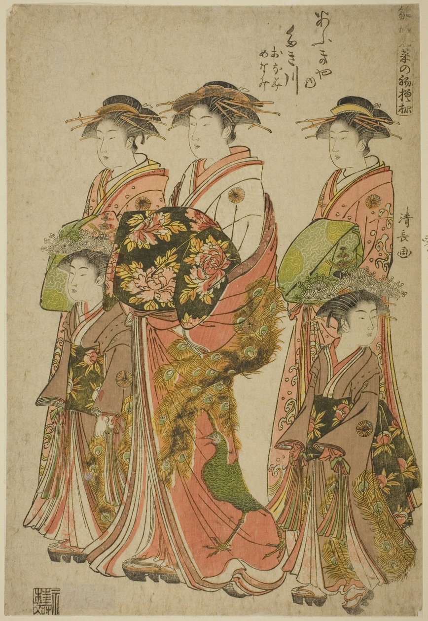 荻屋的宫女泷川与她的随从尾上和美奈美，选自 "时装模特 "系列：如嫩叶般清新的新设计（雏形若花之初叶） 作者 永永鸟居