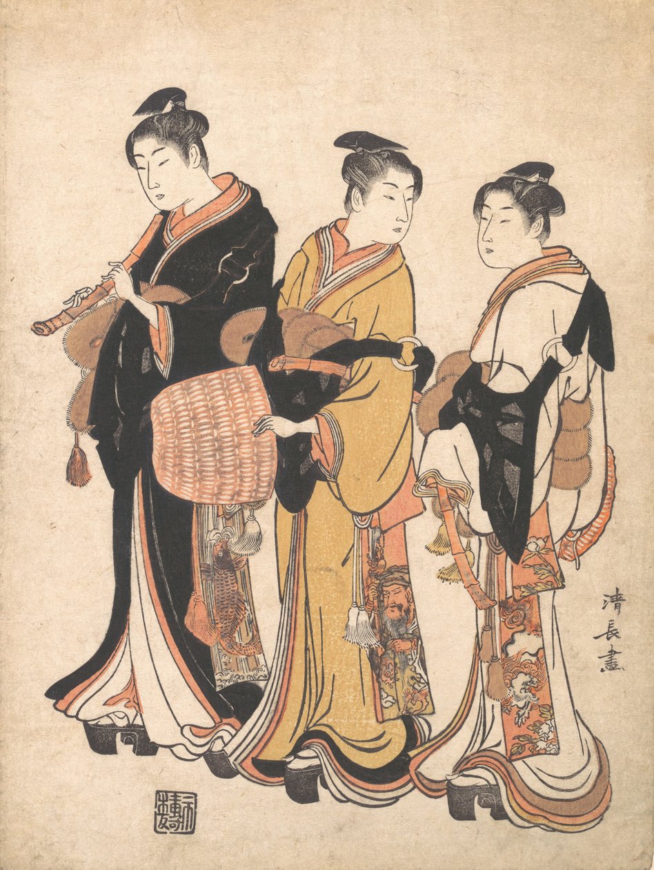 三位年轻女性化装成Komuso漫步的吟游诗人，约1778年。 作者 永永鸟居