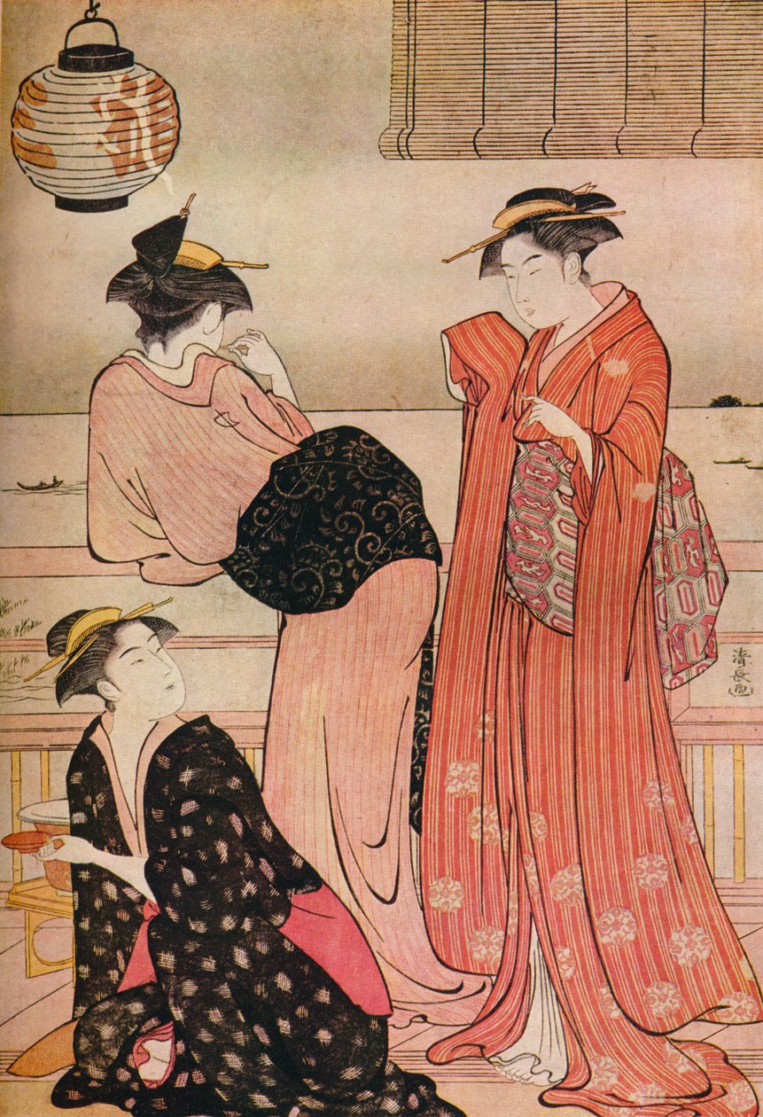 c1752-1815年，在品川的一家茶馆的阳台上可以俯瞰江户湾的三个女孩 作者 永永鸟居